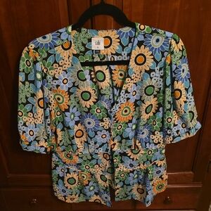 Cato Blue and Orange Graphic Blouse with Notched Collar